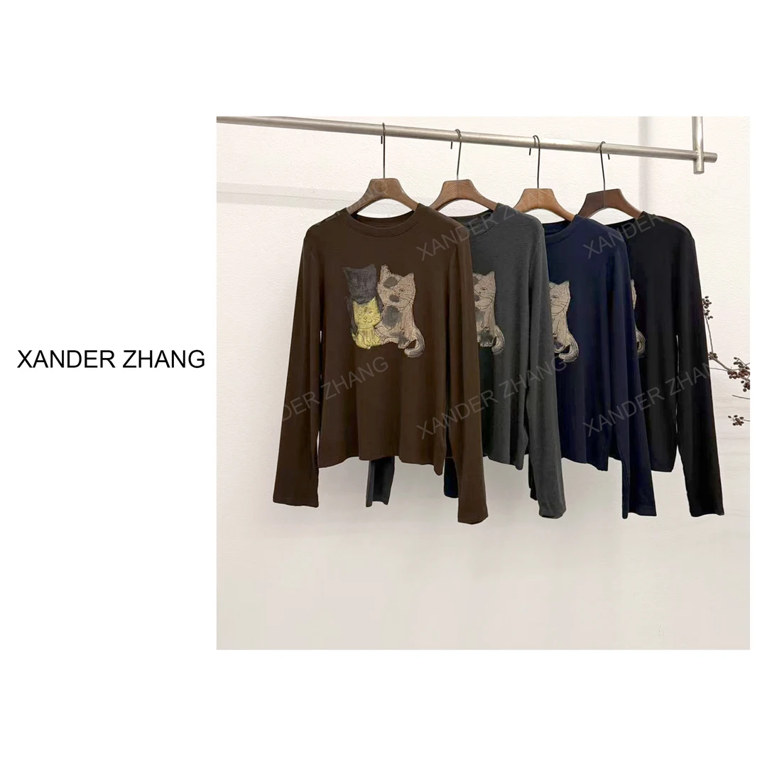 山大张云柔轻磨毛涂鸦小猫印花长袖T恤YBT1J673百搭显瘦叠穿神器