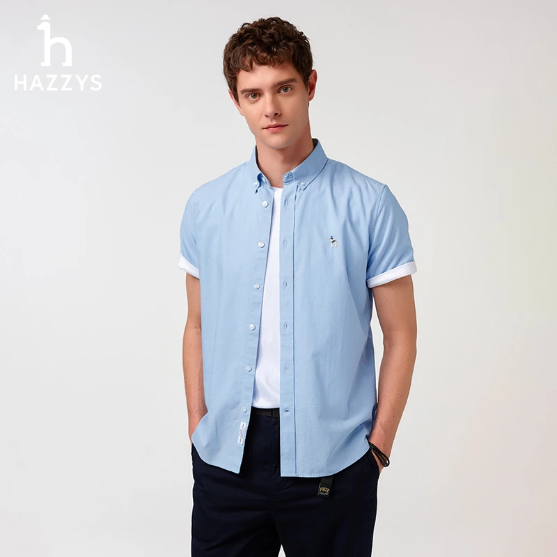 Hazzys哈吉斯夏季男士时尚短袖衬衫商务休闲薄款纯色衬衣男式