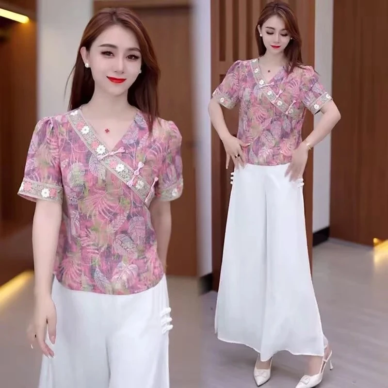 夏季新款2025中式小衫优雅盘扣女洋气显瘦减龄短袖碎花旗袍上衣潮