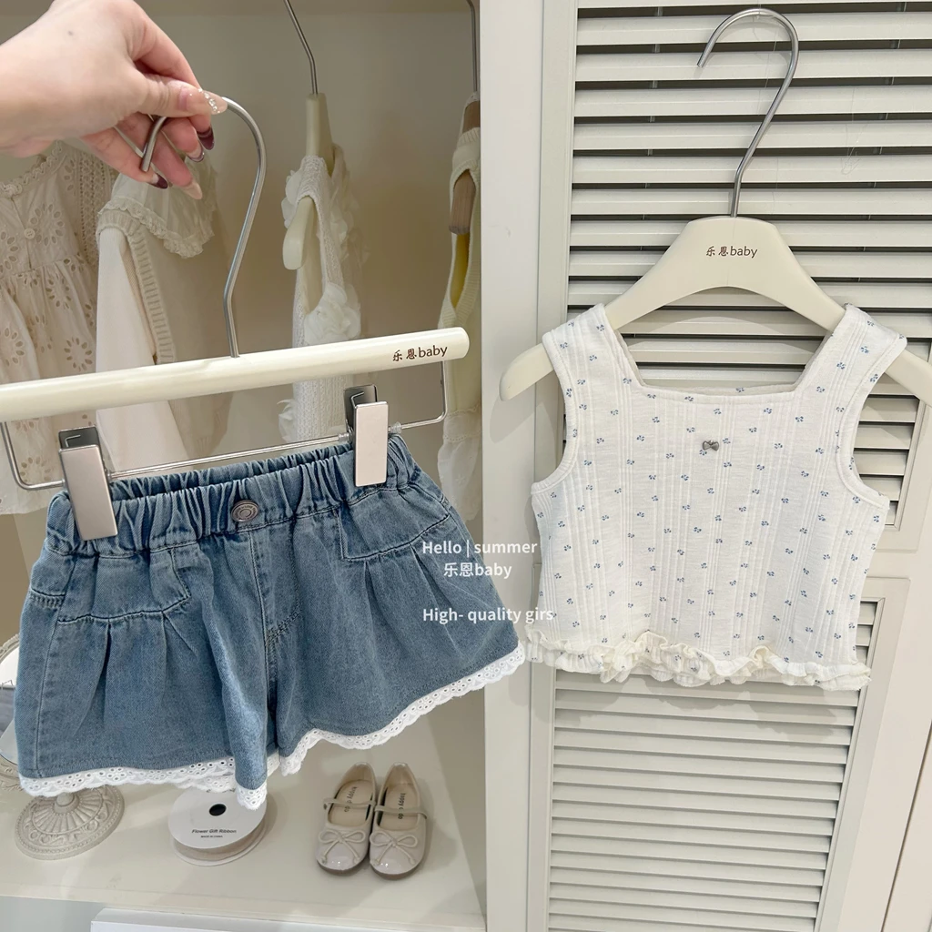 【乐恩baby】2025夏季女童碎花花边针织背心牛仔短裤宝宝洋气两件套