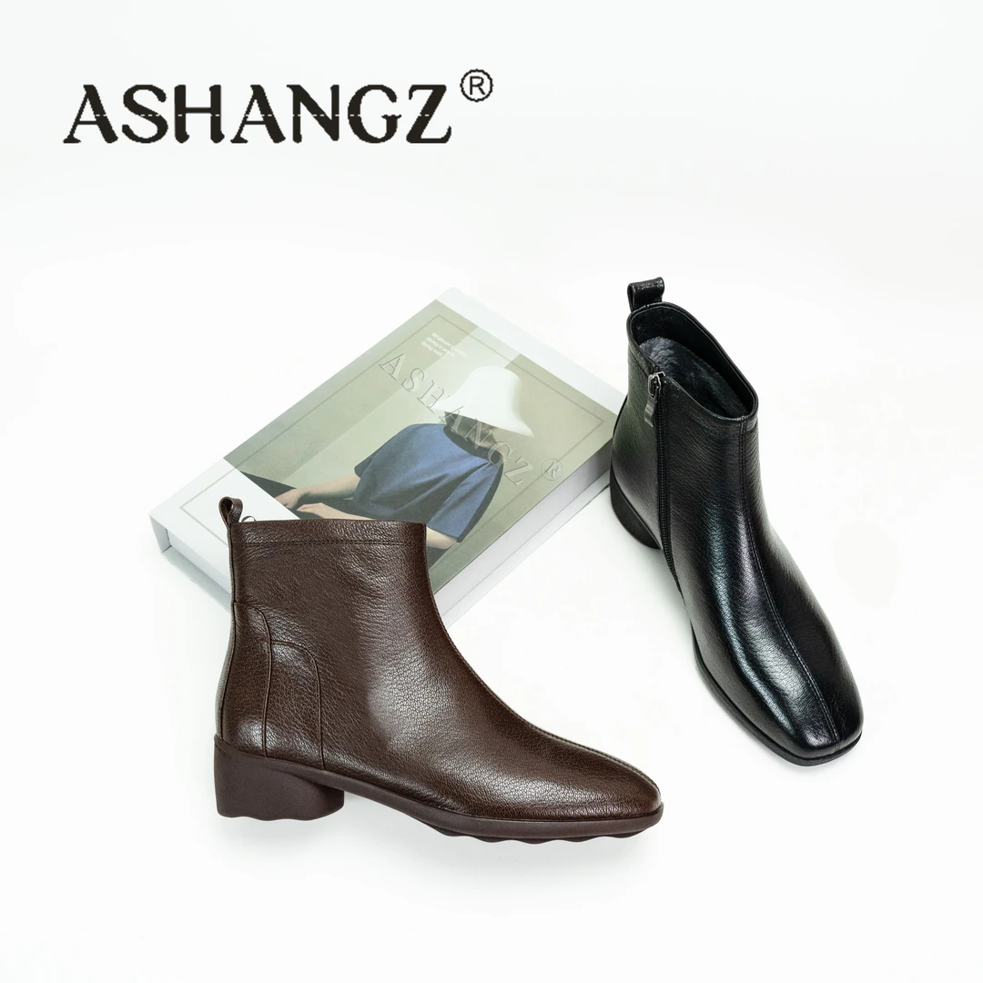 【鞋柜子】3CM低跟方头秋冬短靴上新设计感真皮复古风加绒加厚