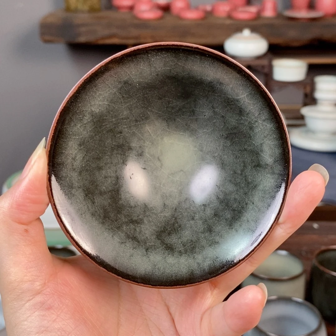 微瑕 铁胎豆青斗笠杯开片