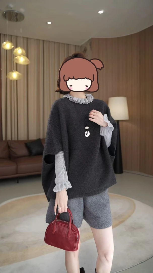 2025秋季新品女装韩版慵懒风灰色外搭针织衫木耳边浅灰色内搭毛衣