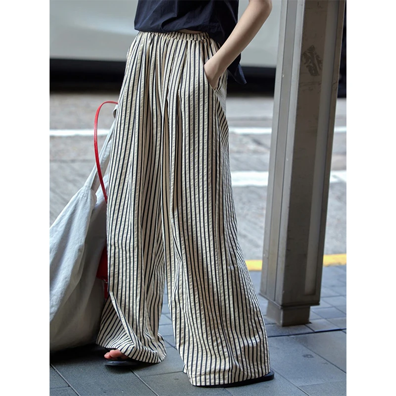 慵懒风韩系条纹休闲棉麻裤女宽松直筒阔腿裤垂坠感显高长裤子春夏