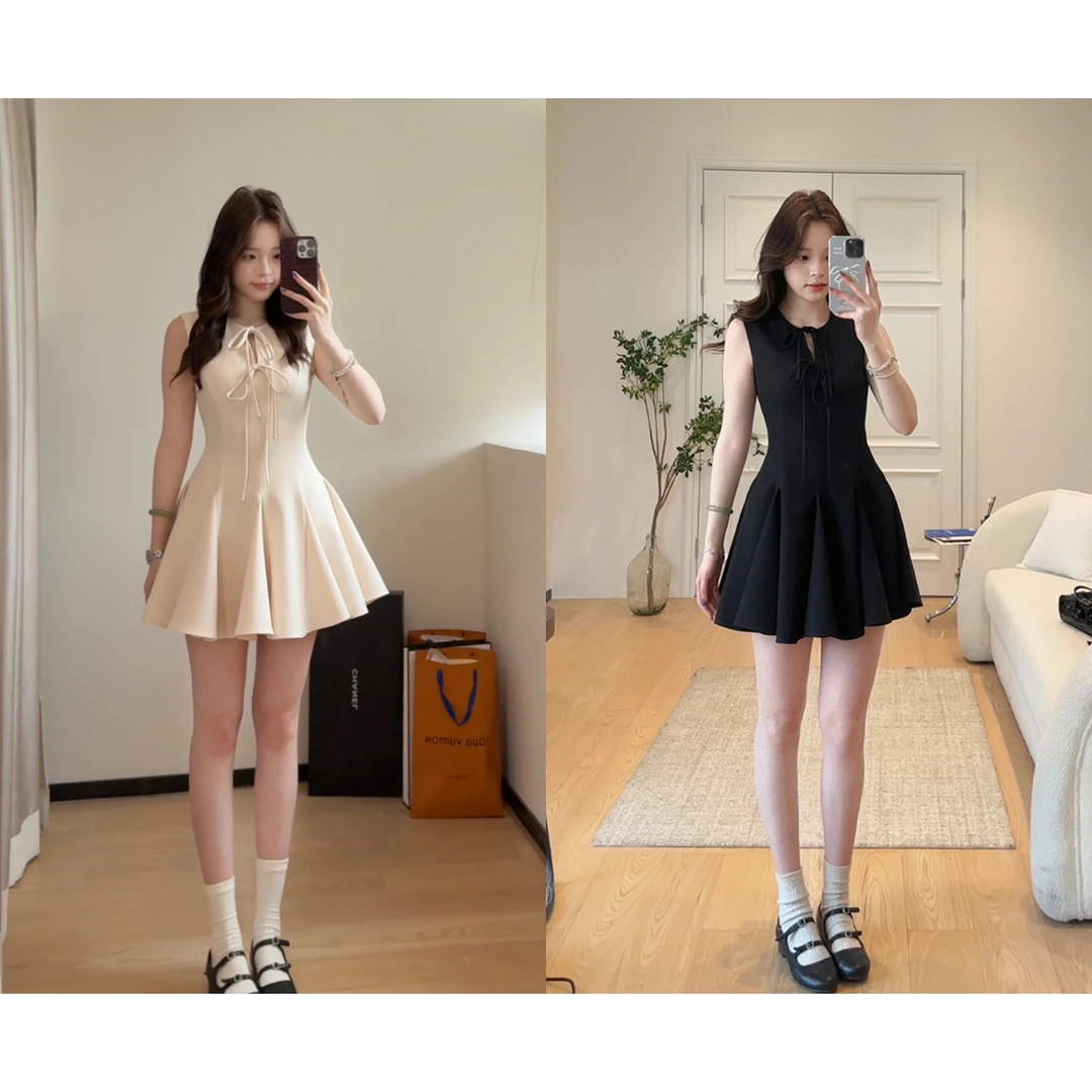 【清清】金川川 艺术画廊 气质高级时尚设计黑色蝴蝶结系带连衣裙