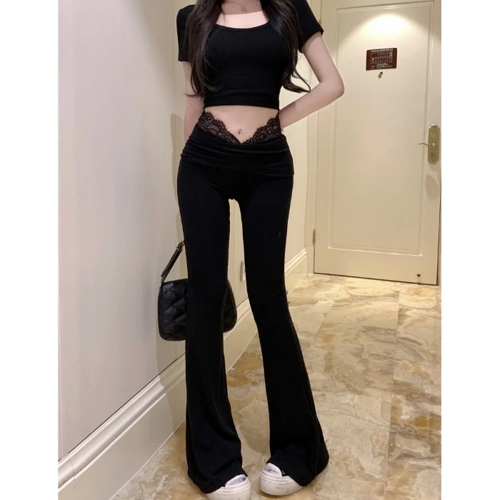 蕾丝拼接微喇休闲裤女春季黑色修身喇叭裤子显瘦低腰直筒拖地长裤