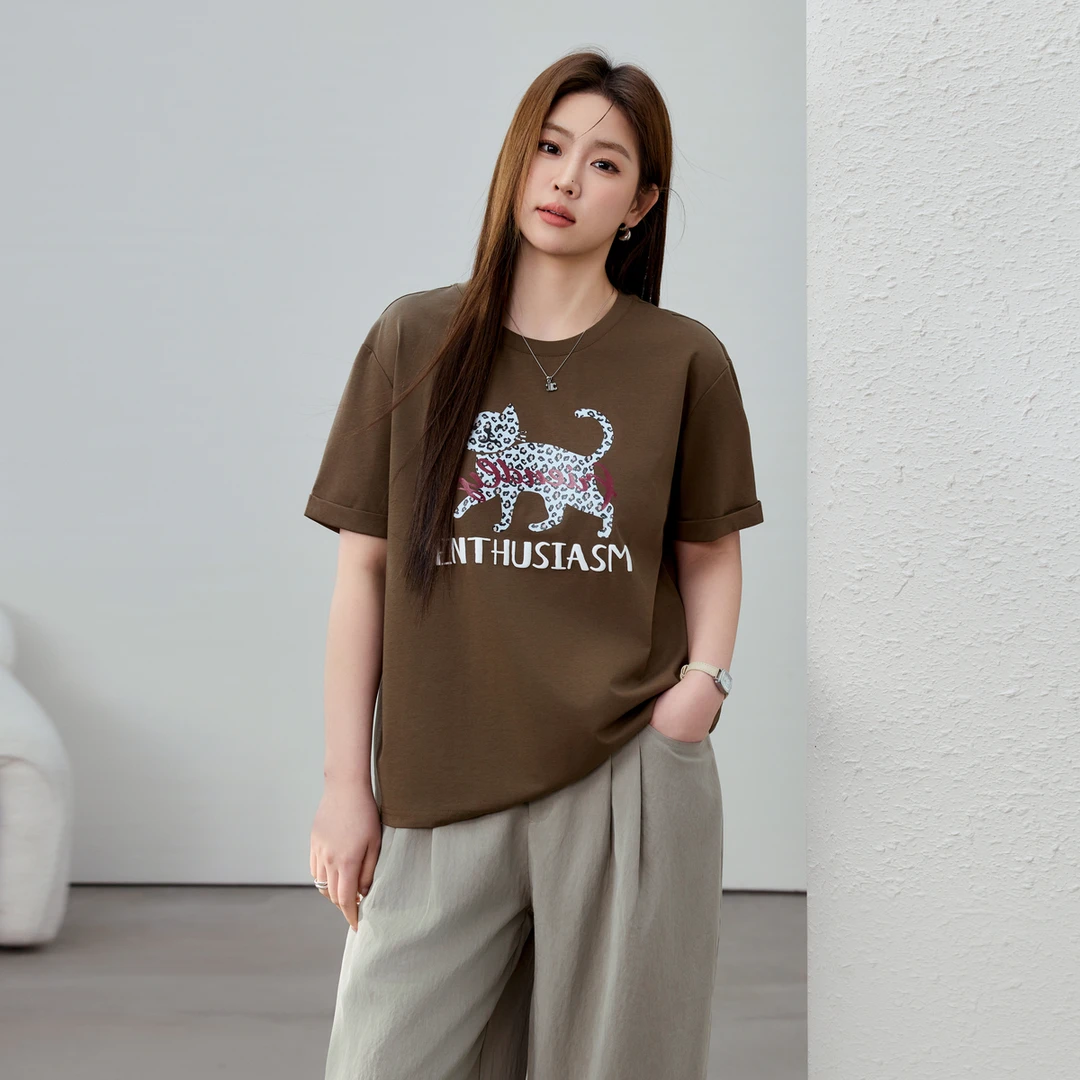 【时尚减龄T恤】纤莉秀W大码女装莱赛尔休闲正肩圆领短袖T恤QK0501