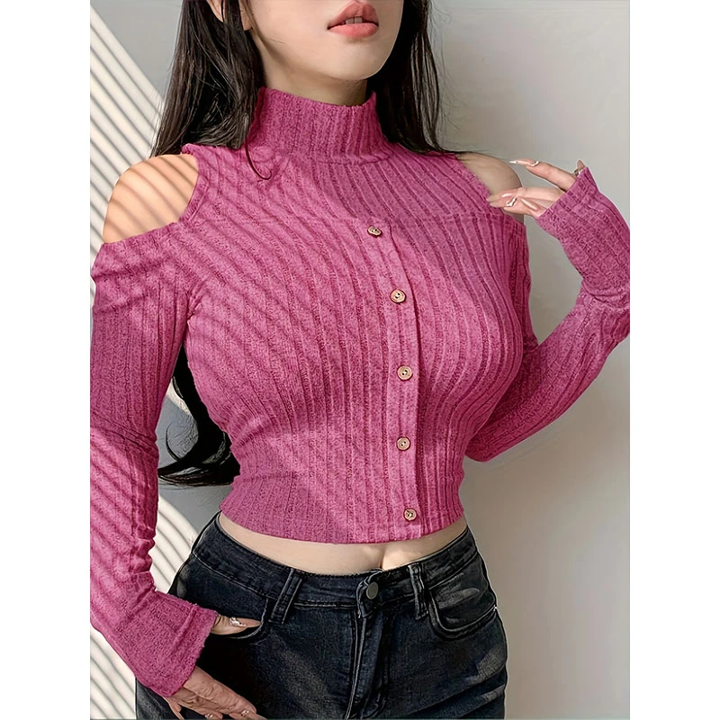 火龙果色露肩长袖t恤女洋气打底衫2025新款法式修身时尚辣妹上衣