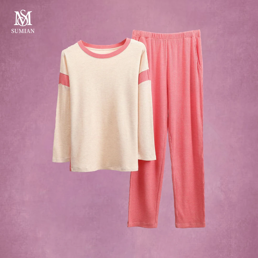 宿眠女士睡衣2025春款舒适春颜华夫格女长袖家居服睡衣套装