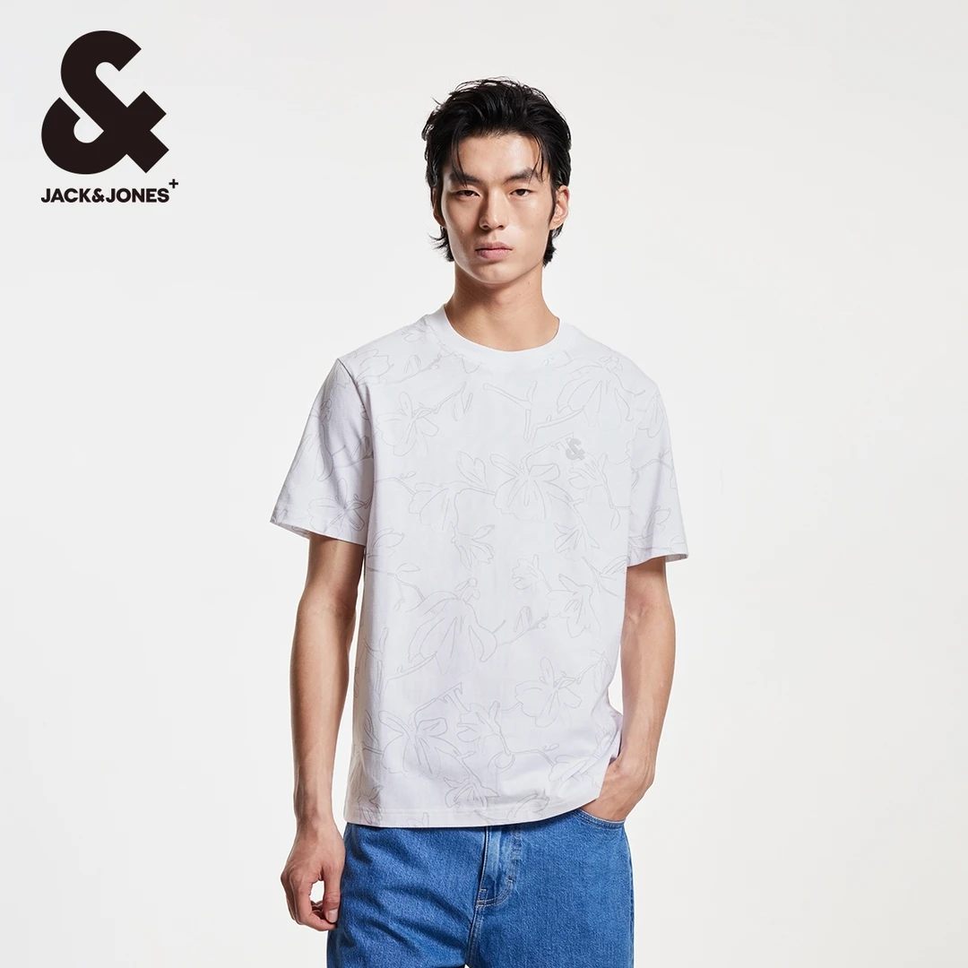 杰克琼斯春季纯棉舒适精致刺绣时尚出街玉兰花满印短袖T恤半袖男