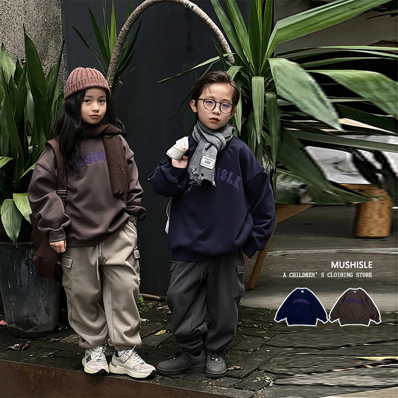 阿又男童字母印花加绒上衣儿童圆领套头宽松卫衣百搭潮流83223D