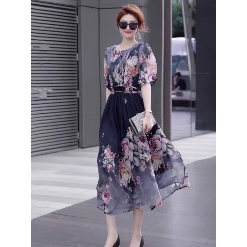 冰雨丝时尚洋气柔软亲肤连衣裙2025夏季新款复古印花系带长款裙子