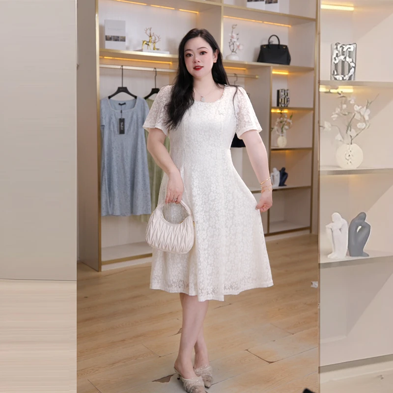 奢姿2025年夏季新款大码女装气质方领蕾丝连衣裙胖妹妹时尚裙子