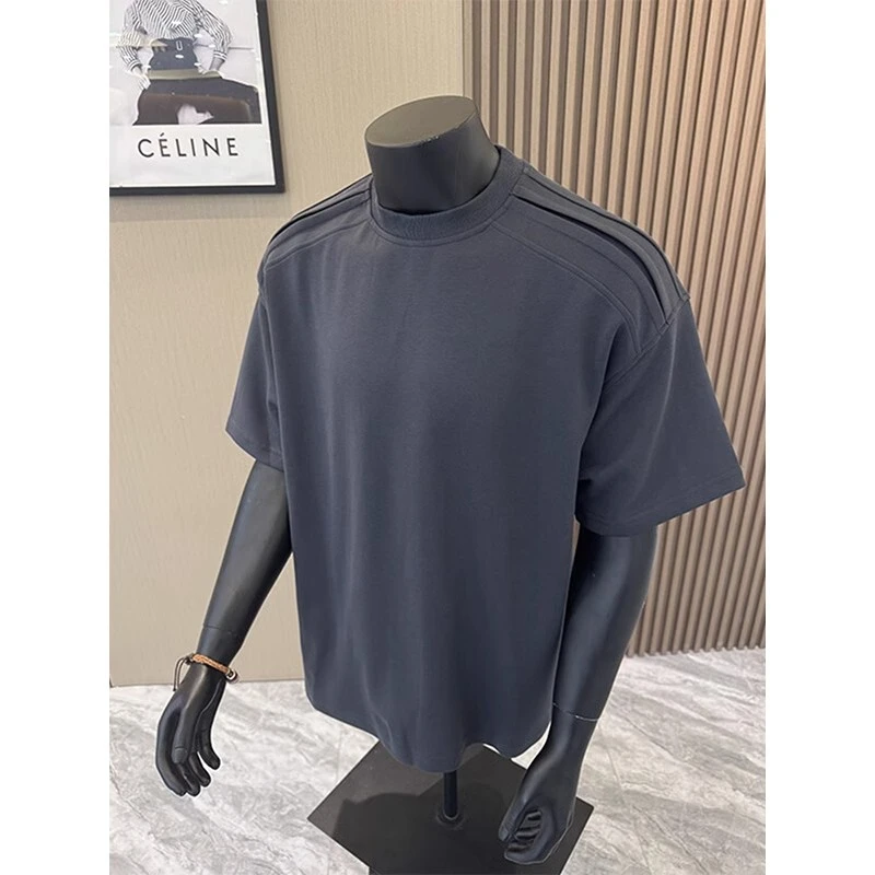 GIOIO 纯色正肩显壮短袖男潮牌夏季美式重磅t恤解构拼接boxy半袖