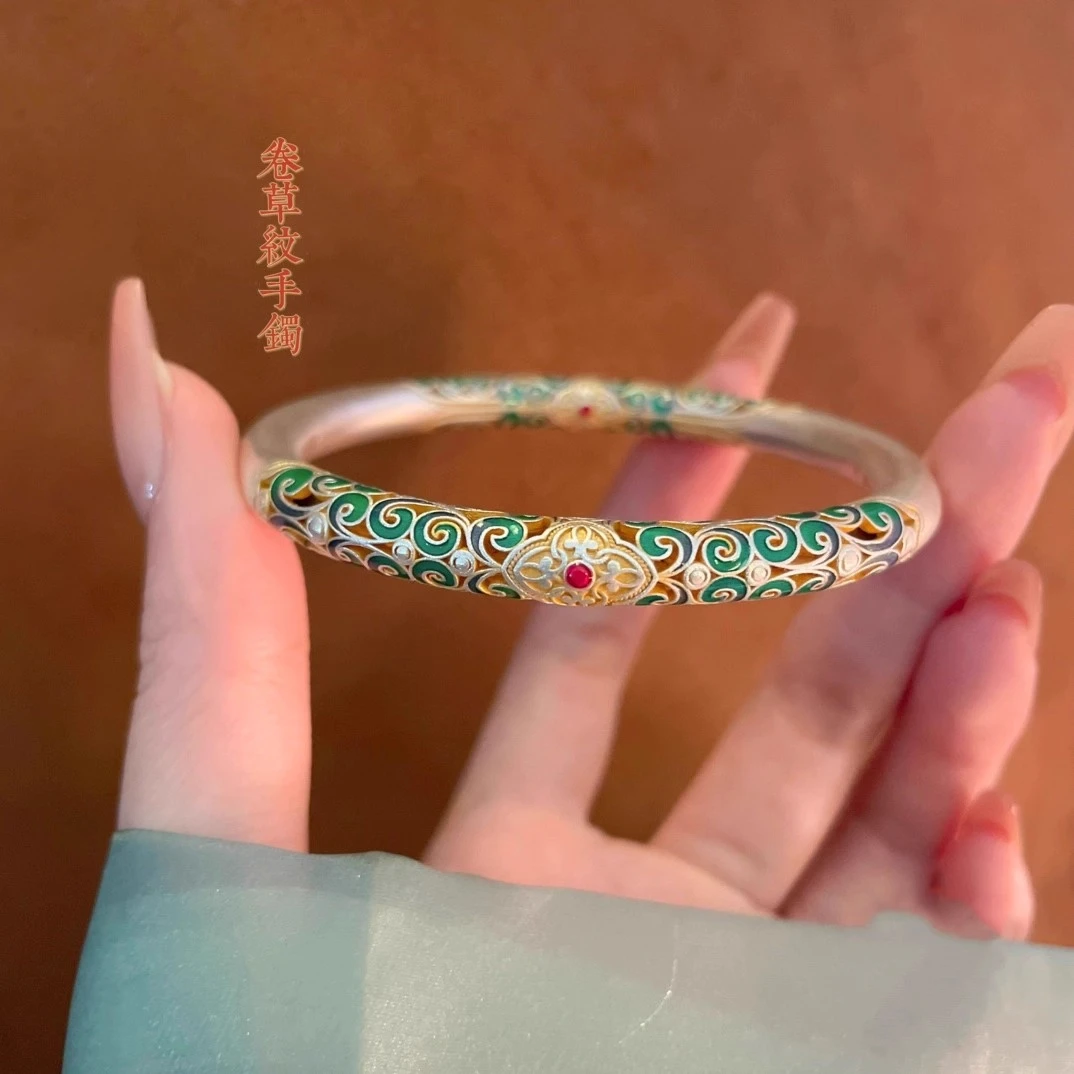 足银手镯 珐琅彩卷草纹国风描金新中式古法银手镯送女友闺蜜礼物