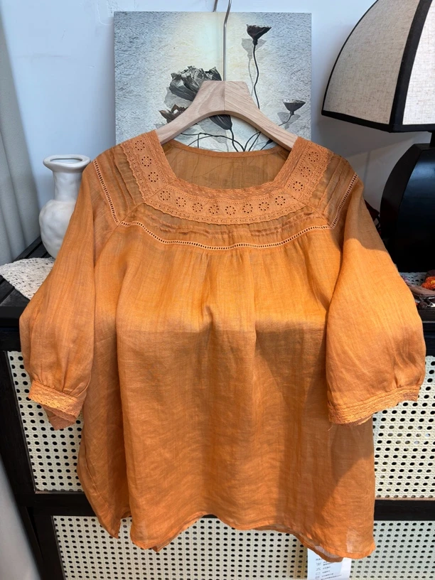 染高支纯苎麻～天然原木风蕾丝拼接花边方领娃娃衫