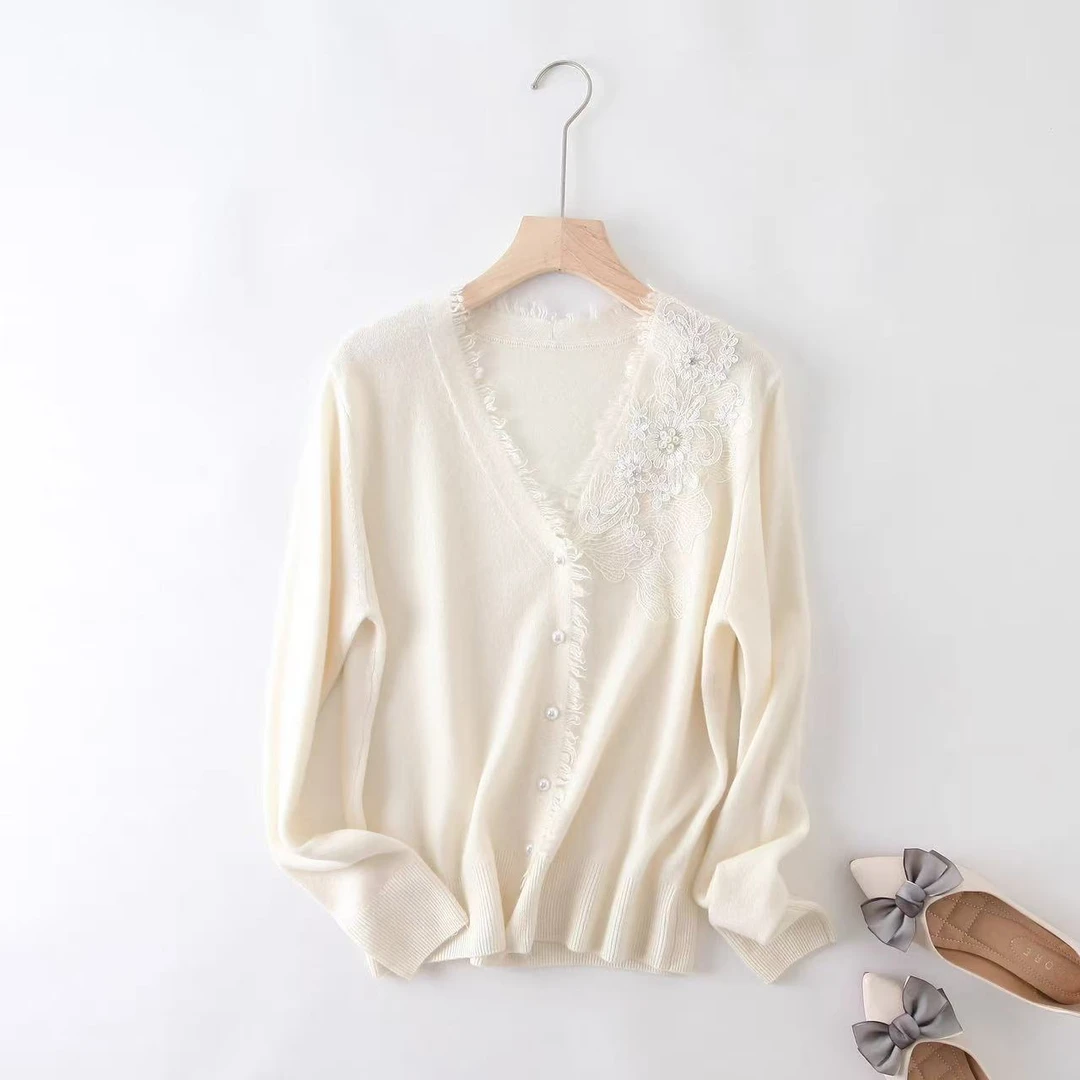 100羊毛针织衫宽松百搭女开衫宫廷风镂空针织衫蕾丝气质时尚秋冬
