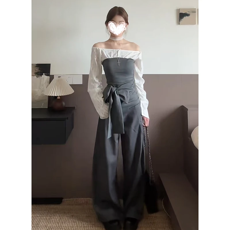 甜酷风一字领拼接假两件衬衣早春新款设计绑带小众衬衫套装