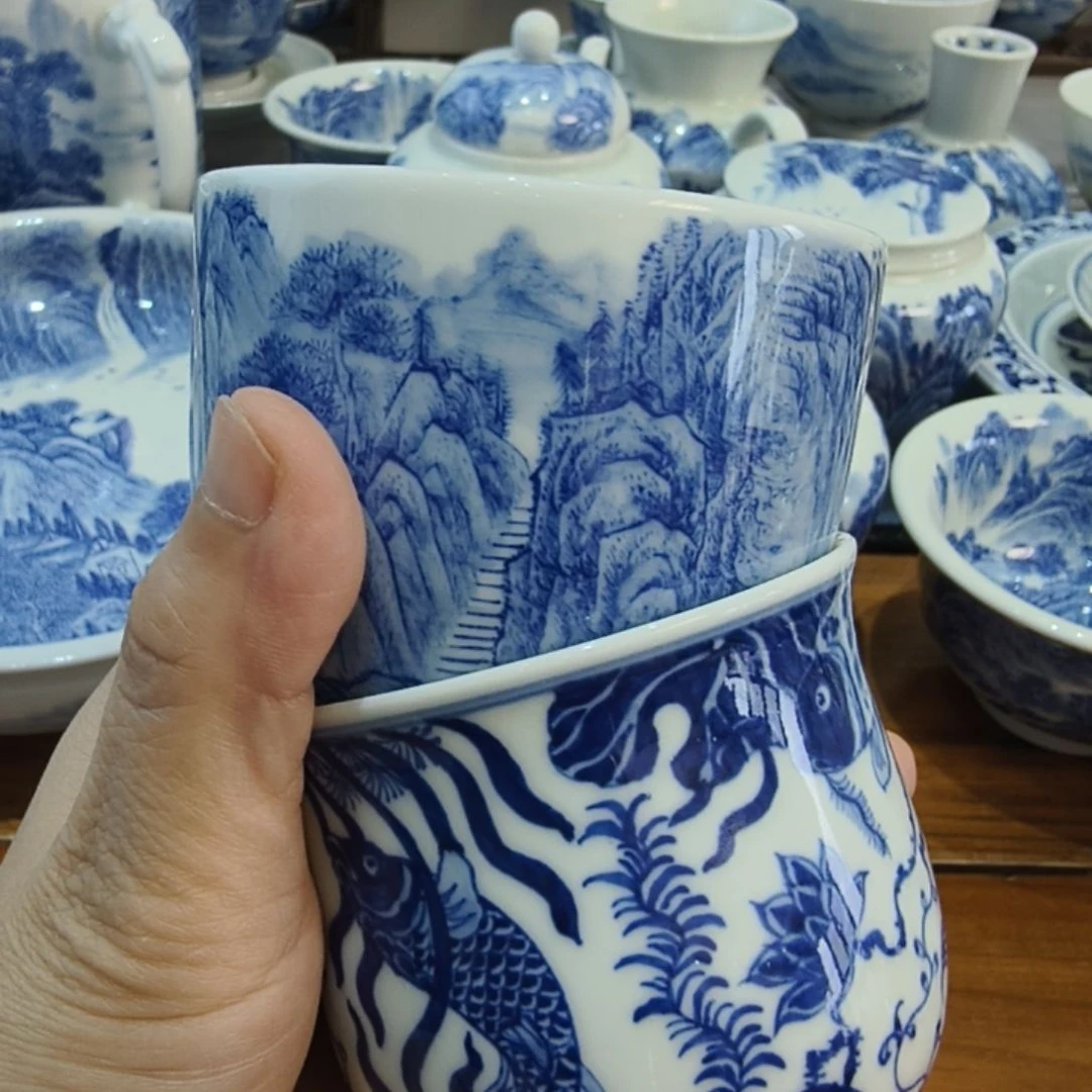 天***蓝琉璃手工艺品全手工山水味香杯，玉藻杯（本人作品）