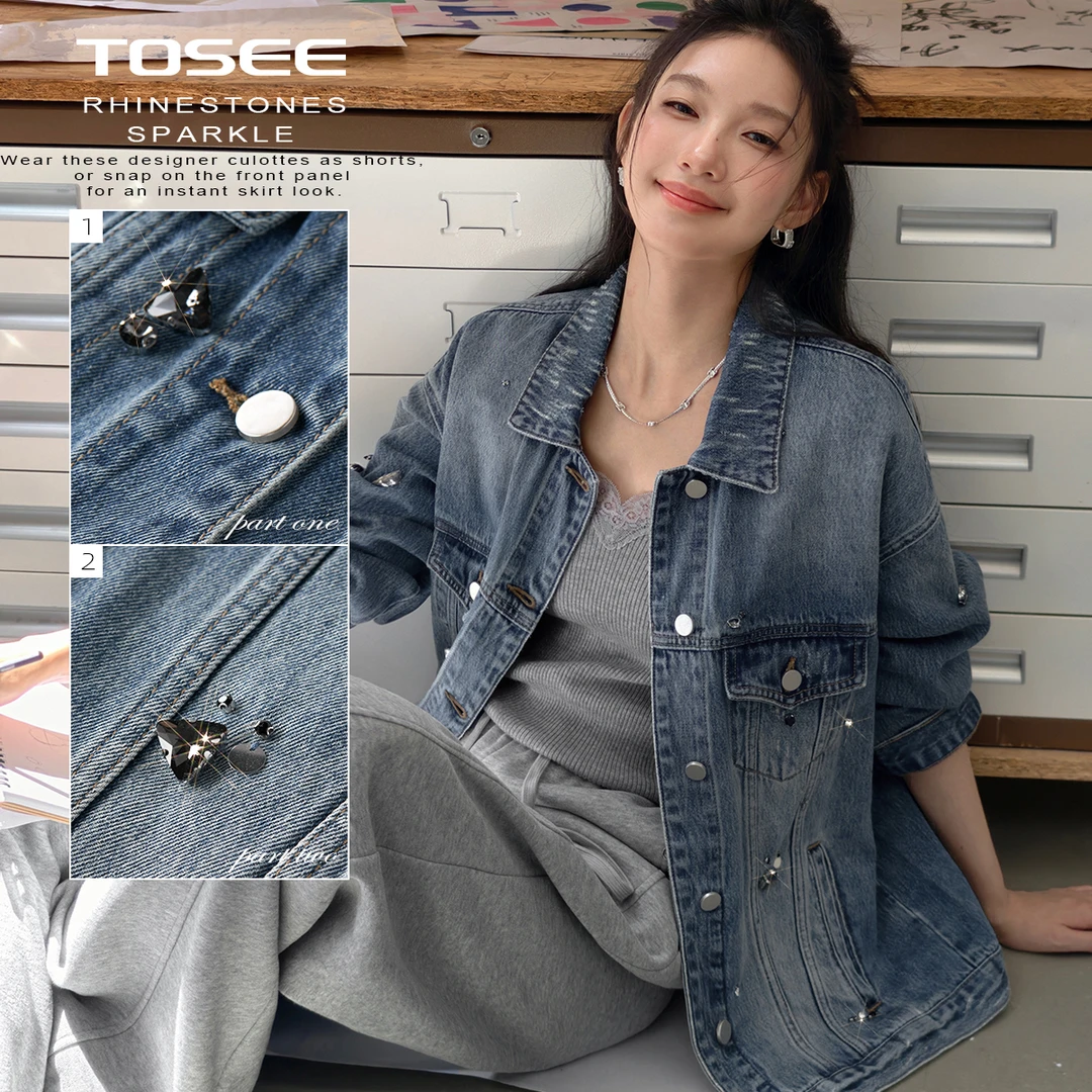 TOSEE 手工珠绣复古水洗牛仔外套落肩袖设计宽松百搭TO253SZ0242