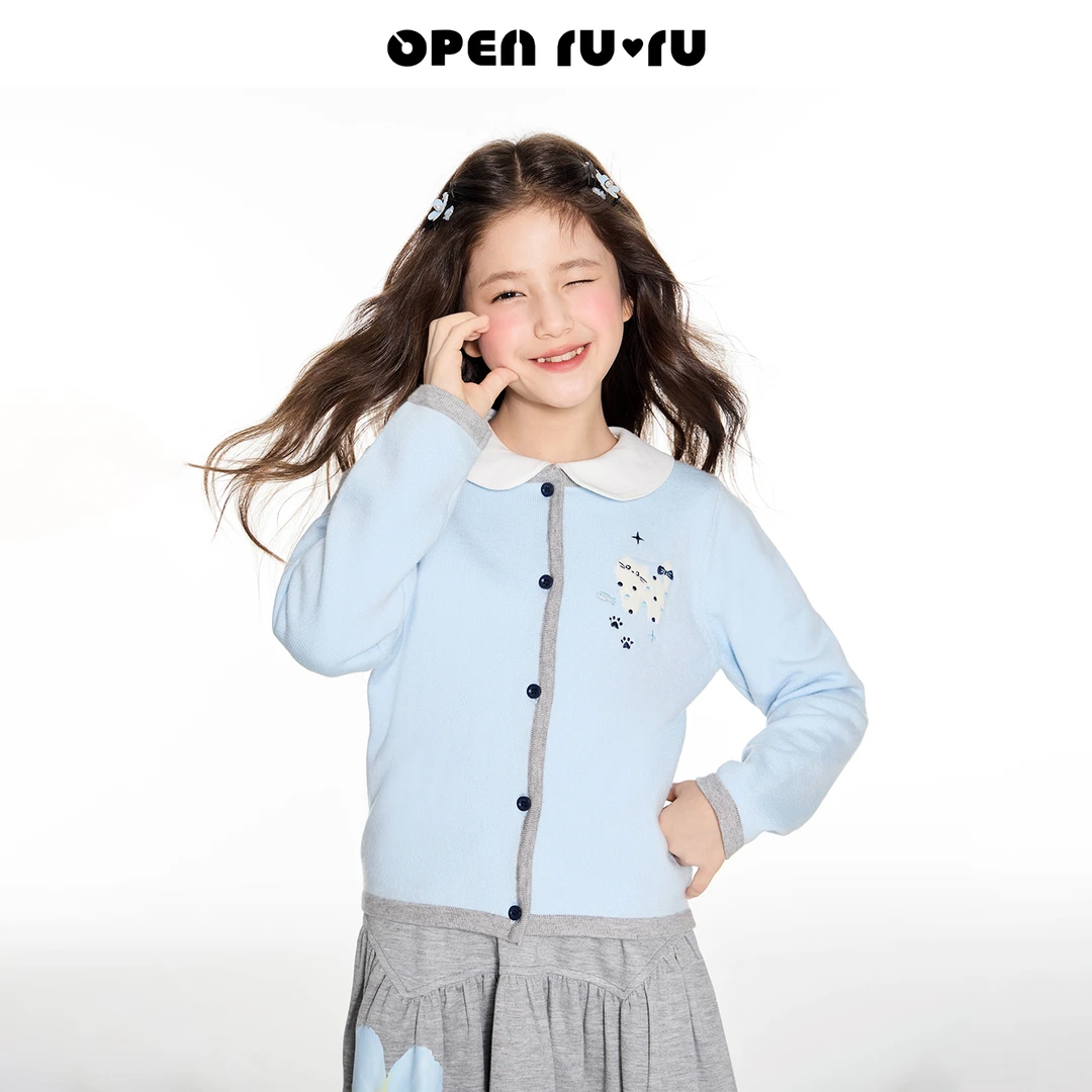 Opennunu女童波点小猫毛衣开衫秋季设计感学院风亲肤毛衣外套