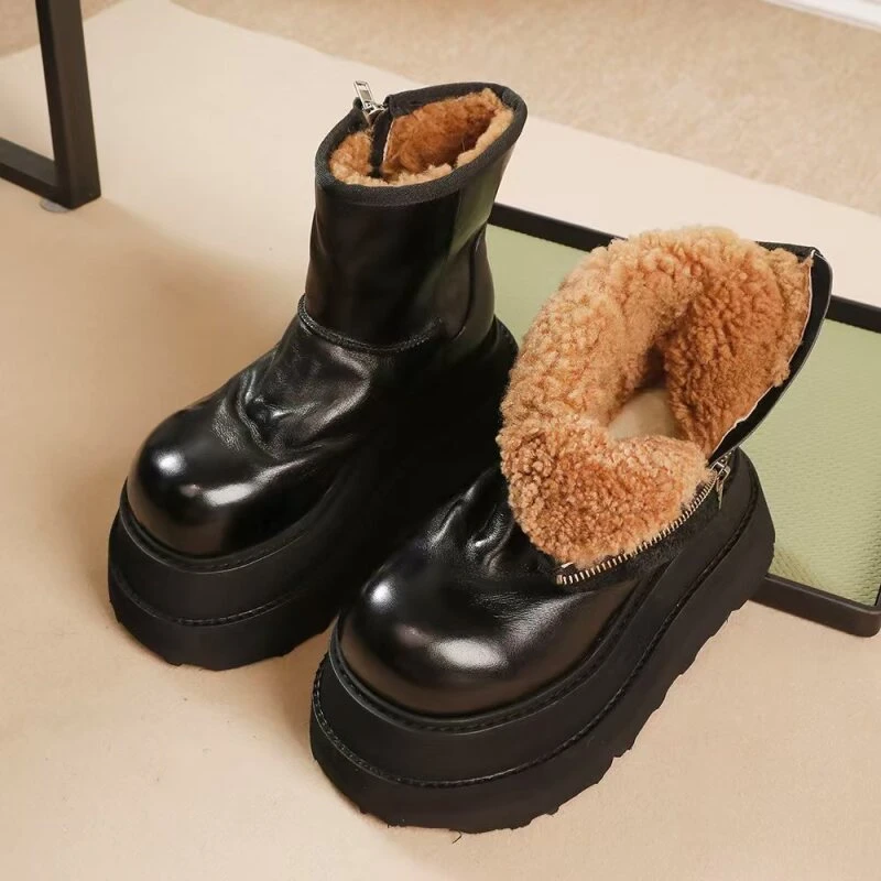 羊毛款34-41码8公分森古原创真皮手工水洗牛皮保暖阔腿裤靴子真皮