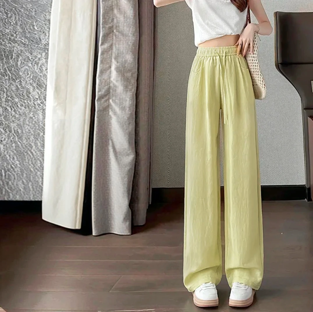 玲姐定制-微透亚麻夏季薄款宽松高腰垂感窄腰双口袋直筒裤121116