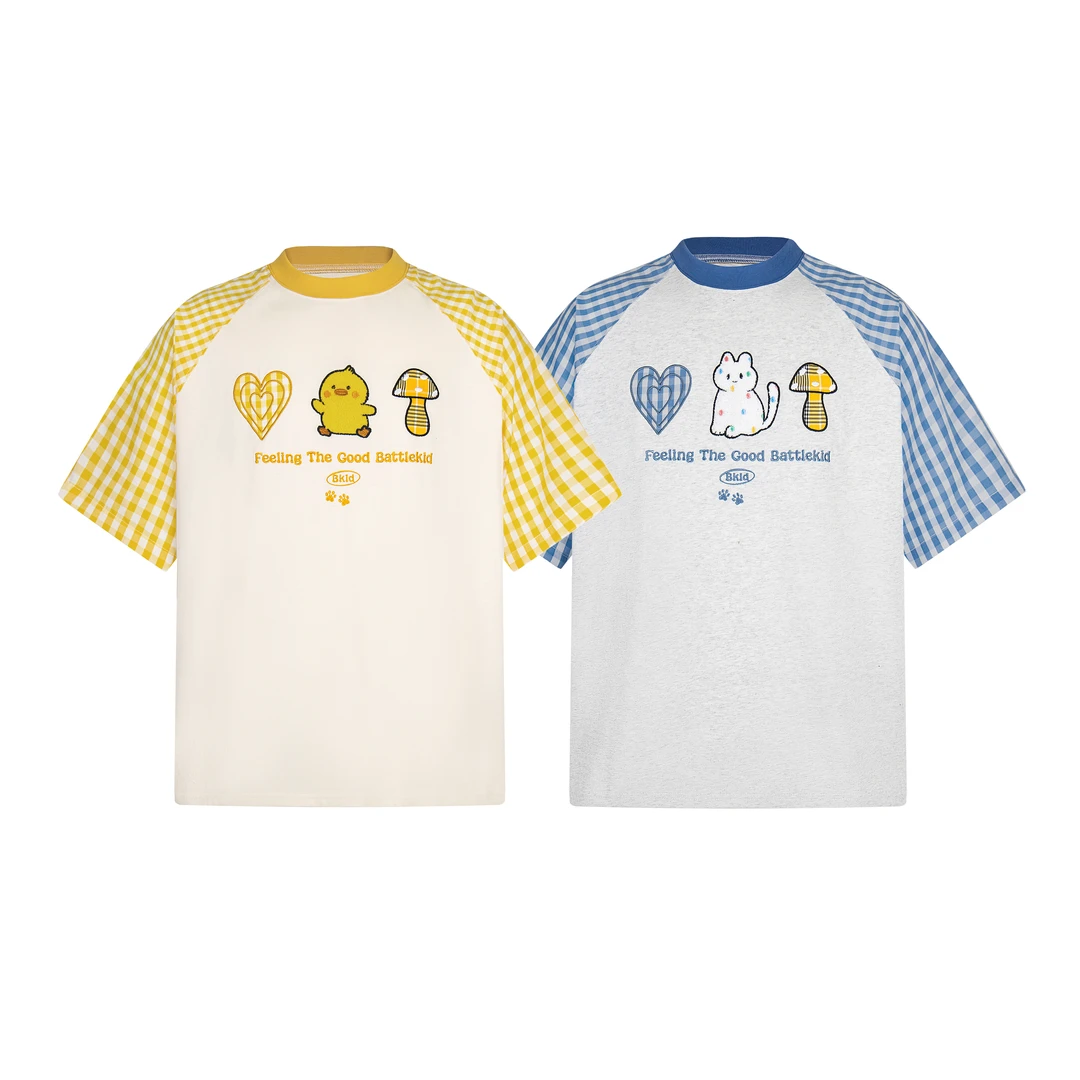 UPPUR 美式复古刺绣格子拼接插肩袖T恤女夏季宽松慵懒休闲上衣