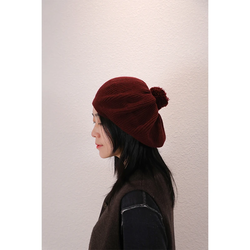 东雍 法式优雅复古可爱毛球手工编织加厚保暖羊绒针织毛线贝雷帽