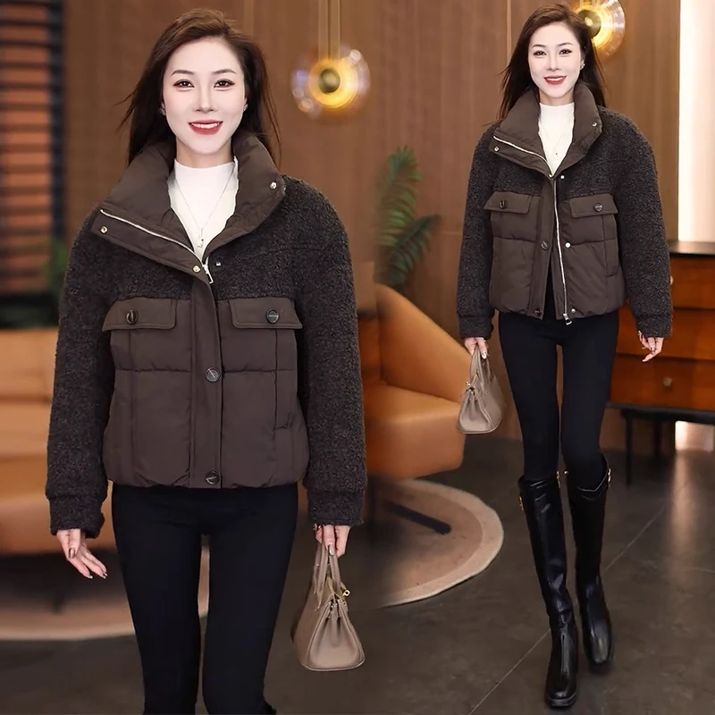 时尚立领短款时髦棉服女冬季韩版宽松显瘦毛呢拼接保暖棉衣外套潮