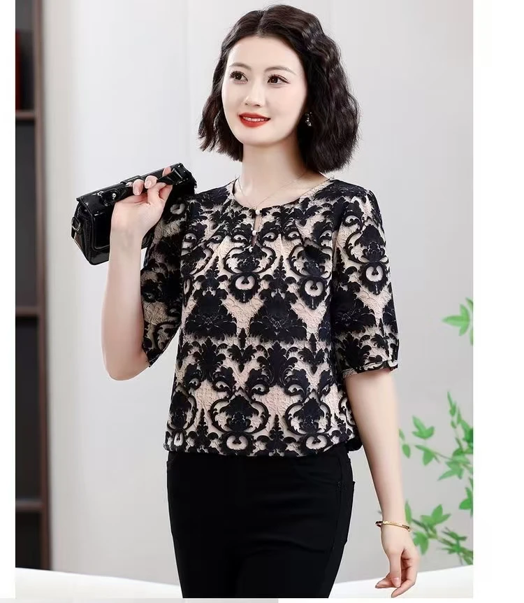 薄款洋气中老年女装短袖植物碎花纯色休闲风时尚遮肚子小衫