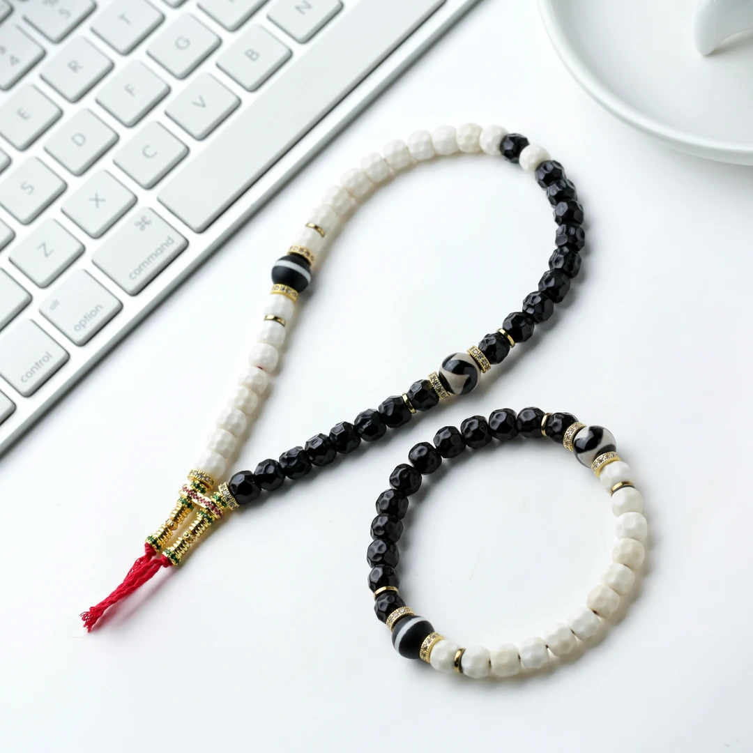 百顺文玩 黑金椰蒂 白玉菩提-太极款-中式轻奢无相手串搭玛瑙珠