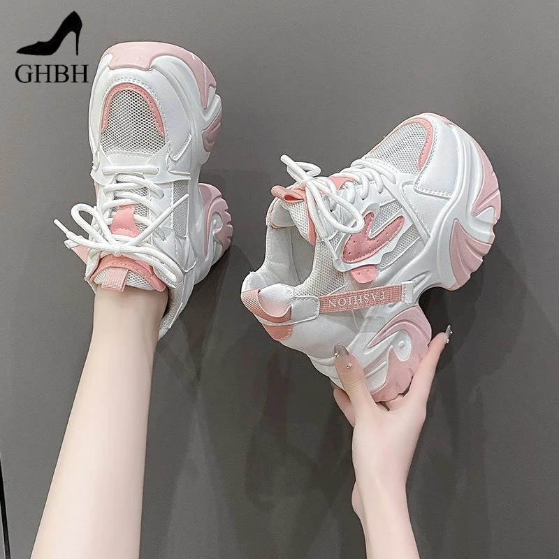 内增高小白鞋女2025新款春夏季网面透气休闲运动小个子老爹鞋10cm