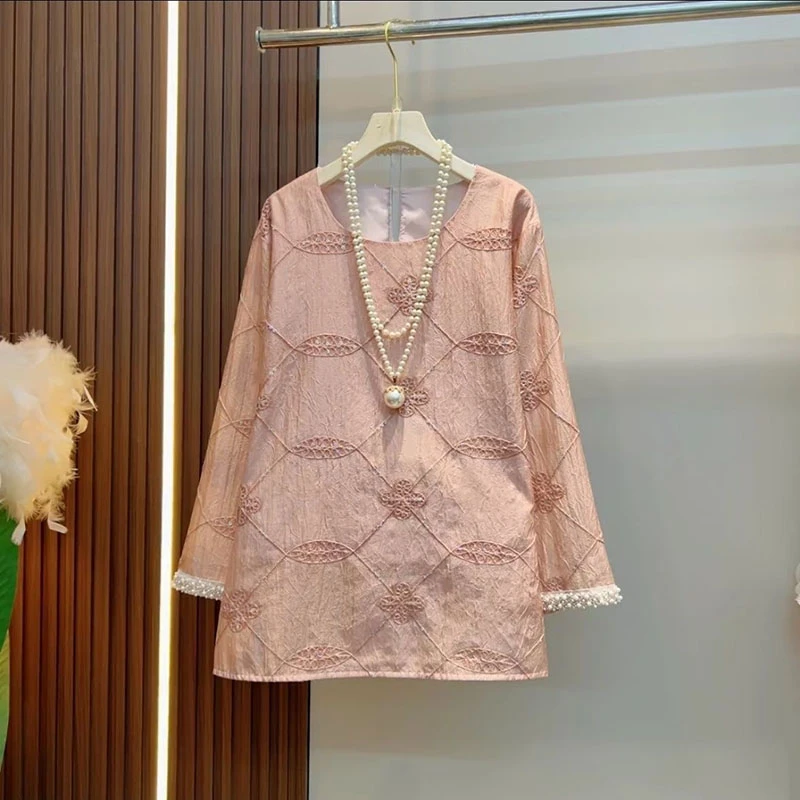 胖mm大码女装中式盘扣提花上衣夏季新款宽松遮肚显瘦长袖国风t恤