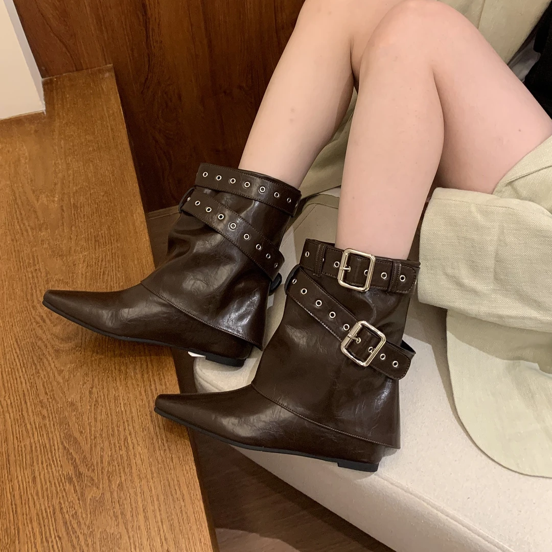 内增高棕色美拉德堆堆中筒靴女靴子2025秋冬季尖头瘦瘦裤管骑士靴