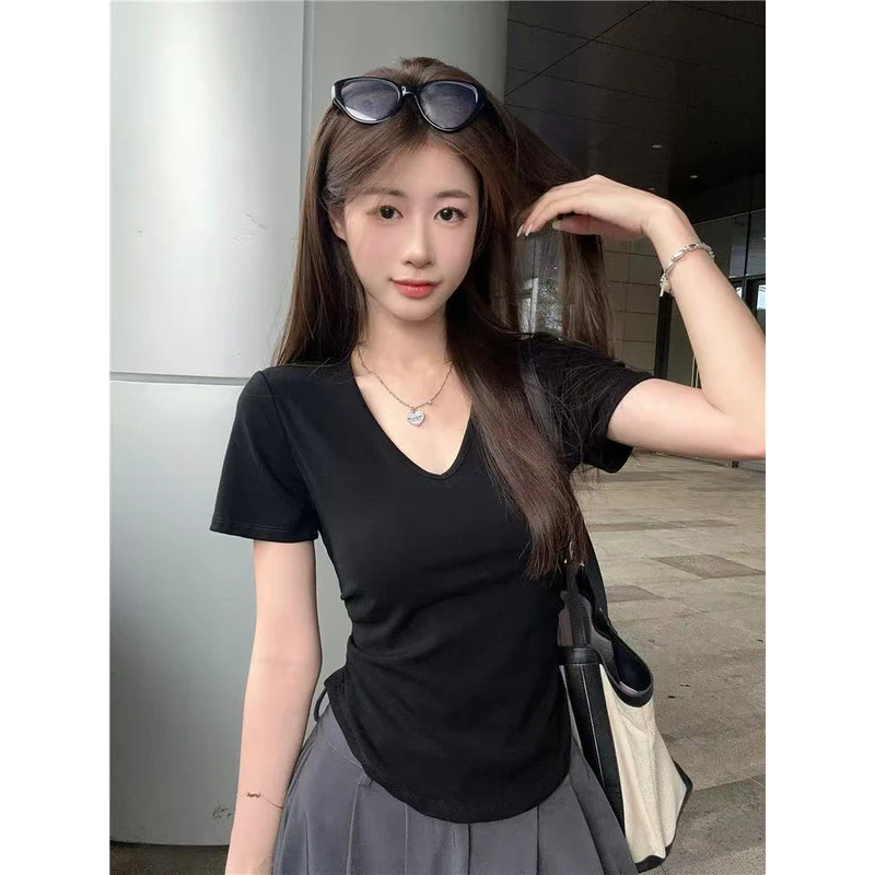 紫皇冠家高弹力显瘦v领T恤上衣