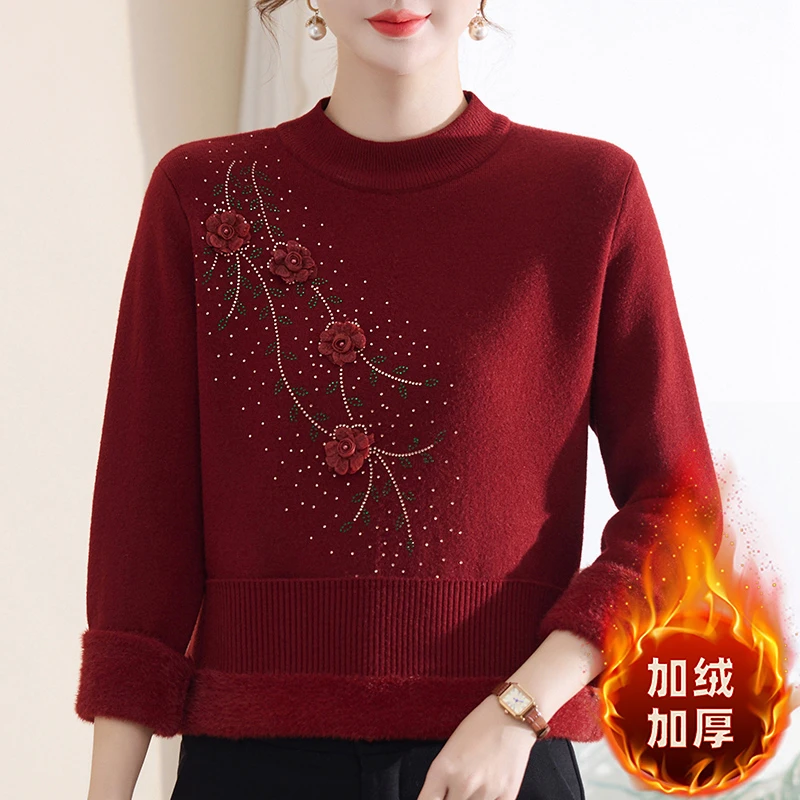 妈妈装一体绒保暖毛衣半高领打底中老年女装加绒加厚上衣