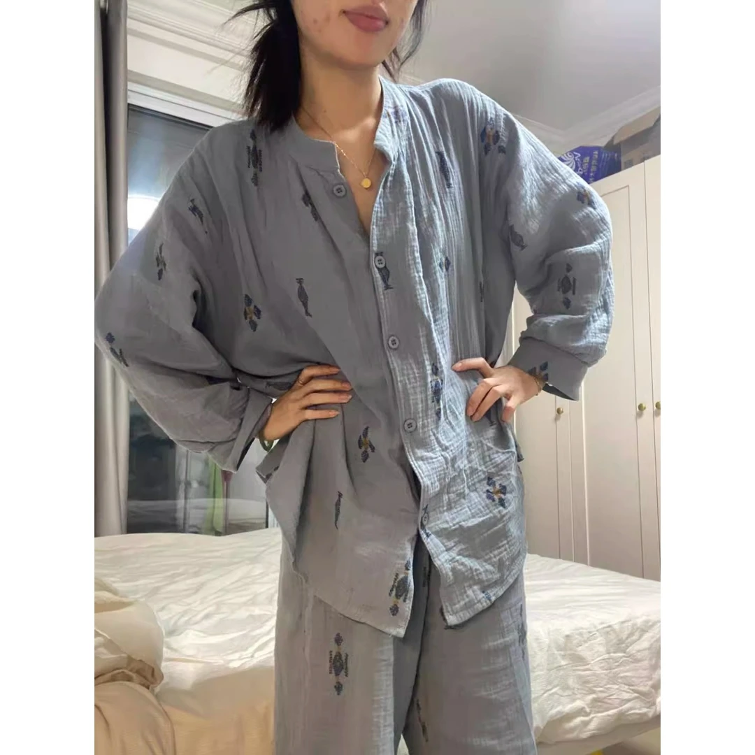 韩版复古设计感印花高级棉纱睡衣女春秋款2025新款纯棉家居服套装