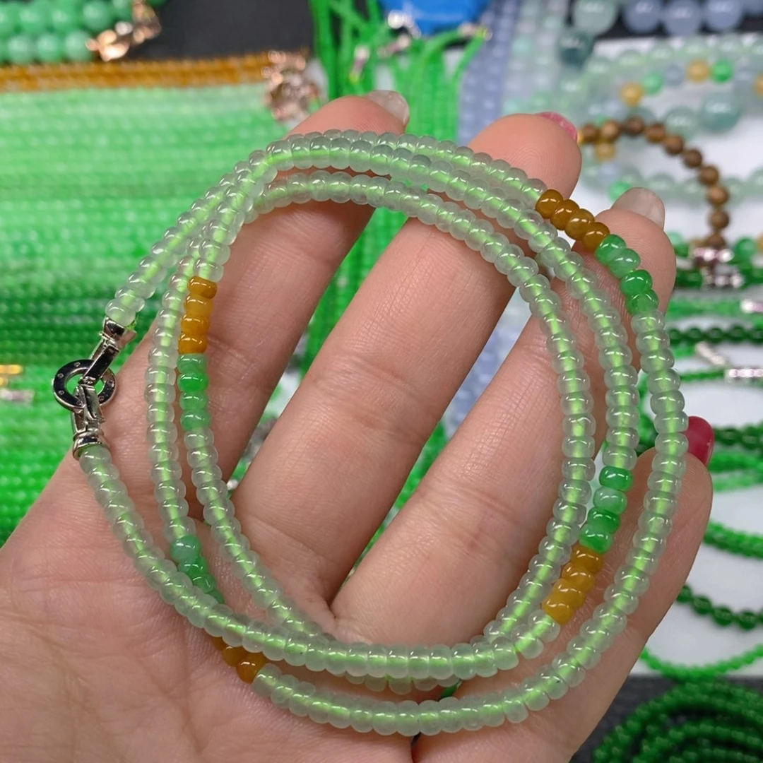 颈饰未镶嵌翡翠缅甸天然翡翠冰种三彩算盘珠项链4