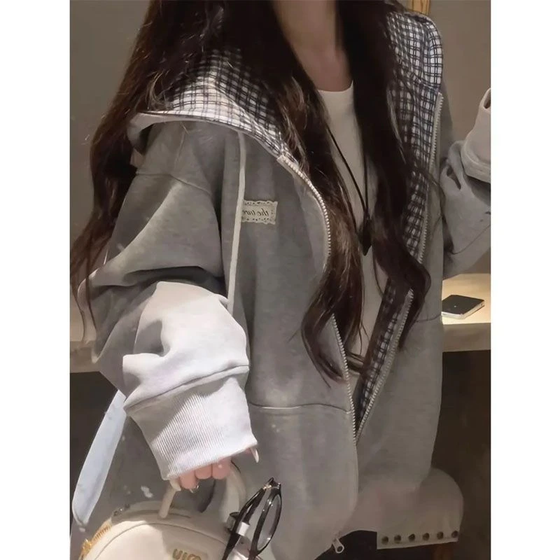 美式复古拼接格子长袖连帽卫衣女春秋宽松慵懒设计感小众百搭外套