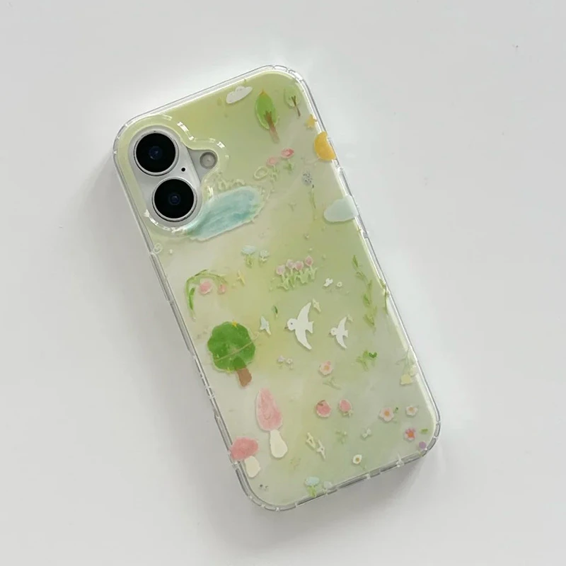 小清新绿色插画适用iPhone16苹果手机壳13创意15华为vivo小米oppo