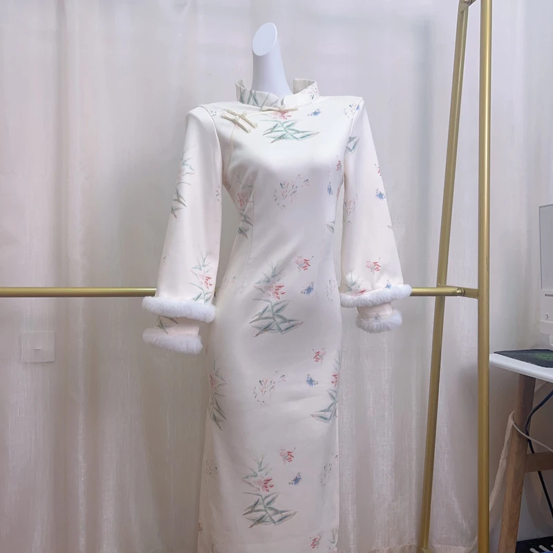 V-3333 蝴蝶夫人2.0 冰雪绒 加绒 冬款 年轻款改良旗袍120cm长款