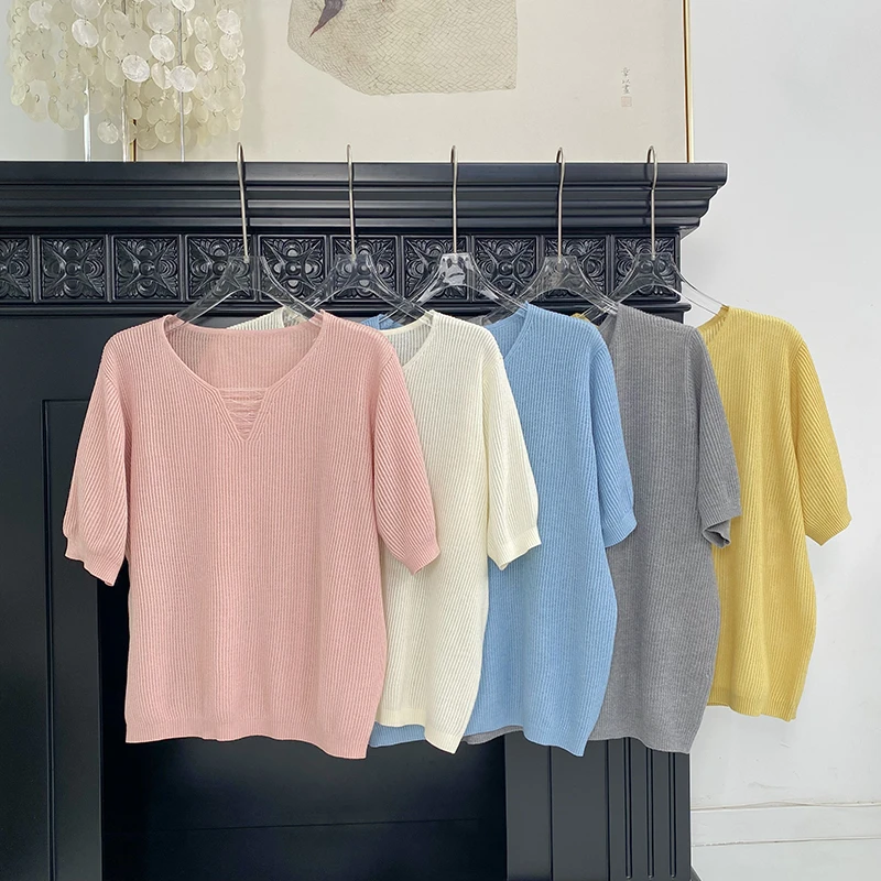 【朵儿studio】夏季短袖V领破边针织衫 A078