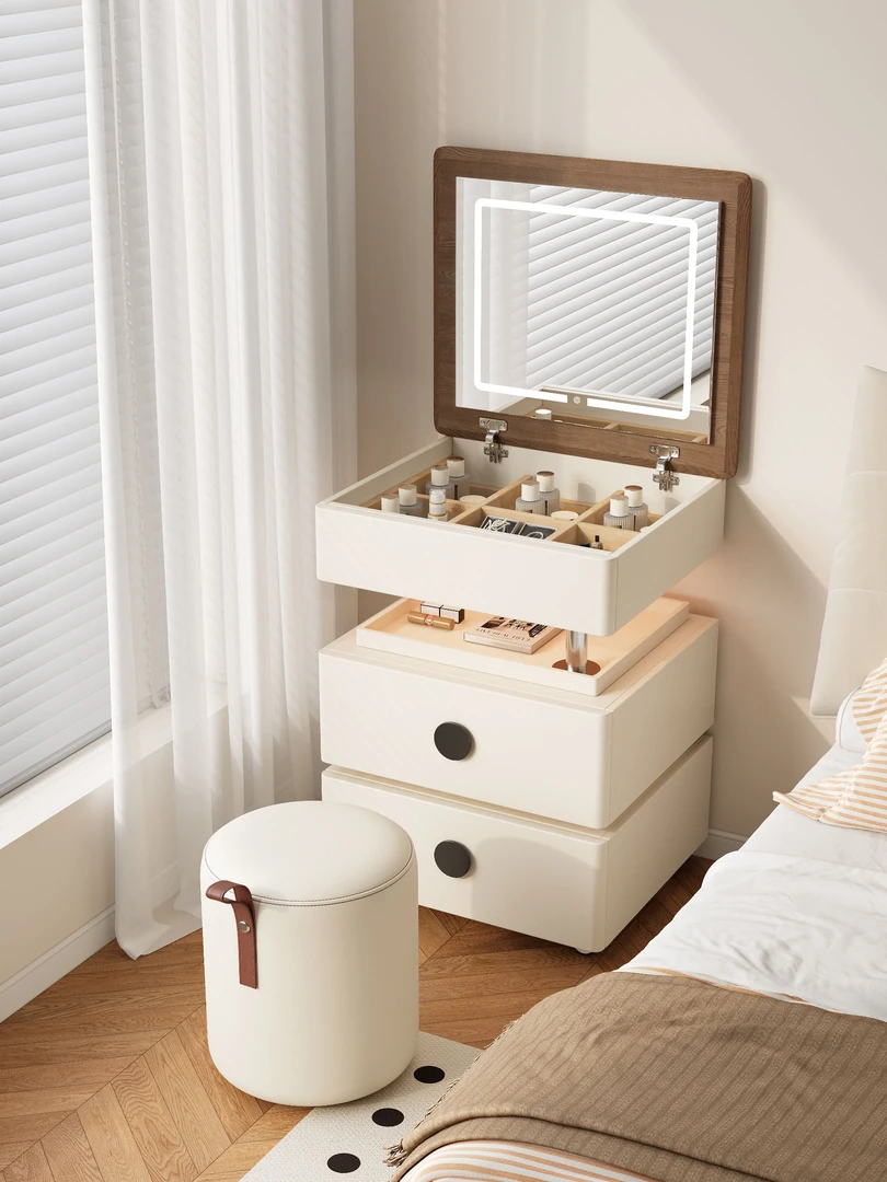 奶油风可移动升降梳妆台小户型旋转创意化妆柜带指纹锁家用化妆台