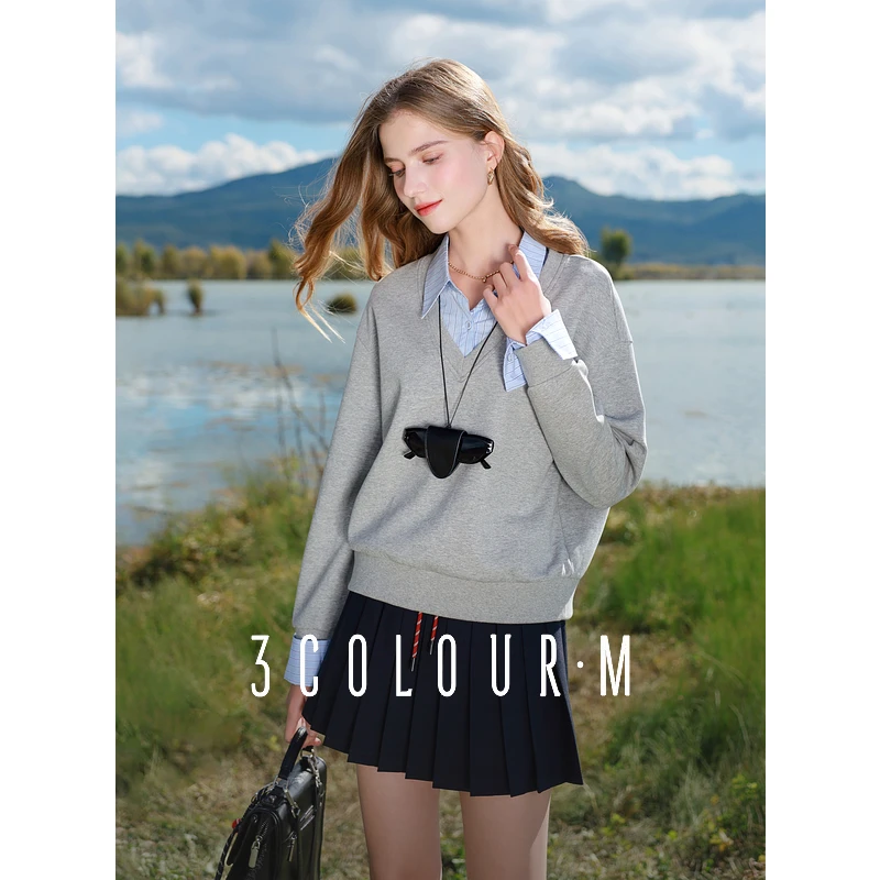 三彩2025春季新款假两件衬衫拼接卫衣翻领套头衫刺绣宽松慵懒女M