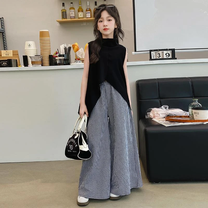 女童夏季韩版无袖不规则背心时尚上衣2025新款中大童格子宽松裤潮