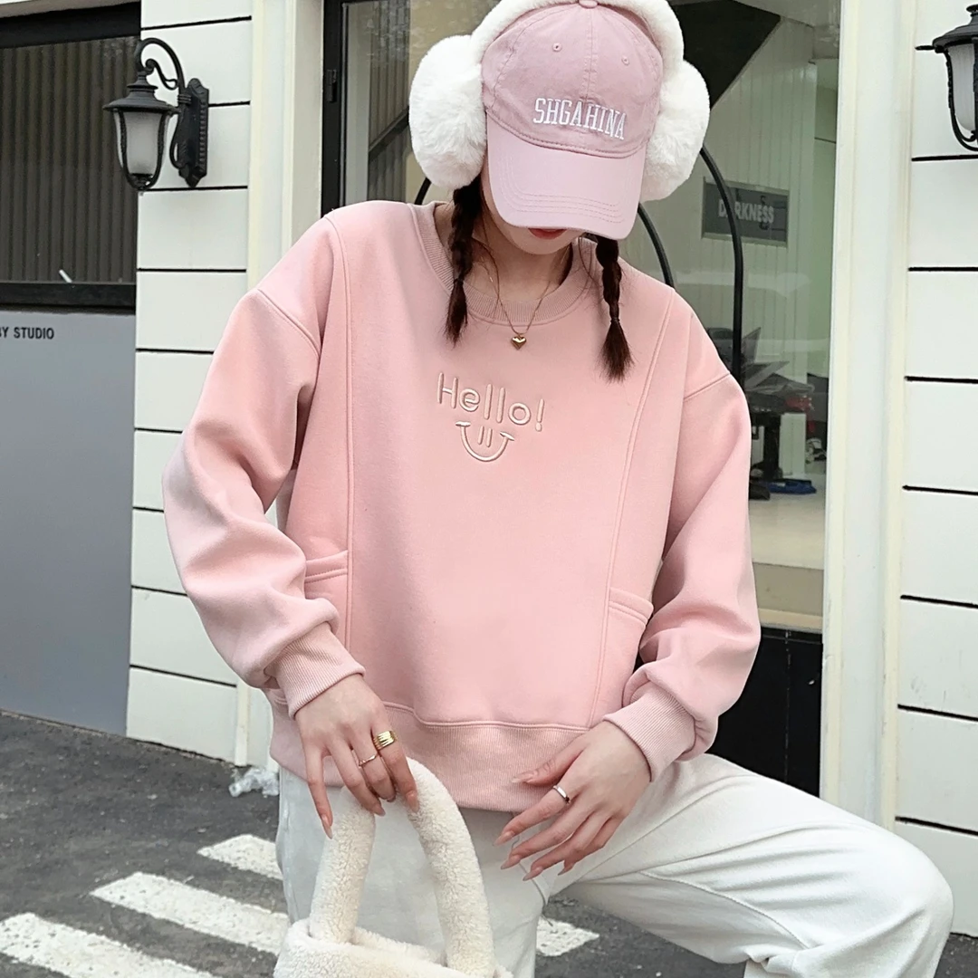 春季女士圆领卫衣口袋笑脸刺绣套头百搭休闲时尚ins长袖宽松058