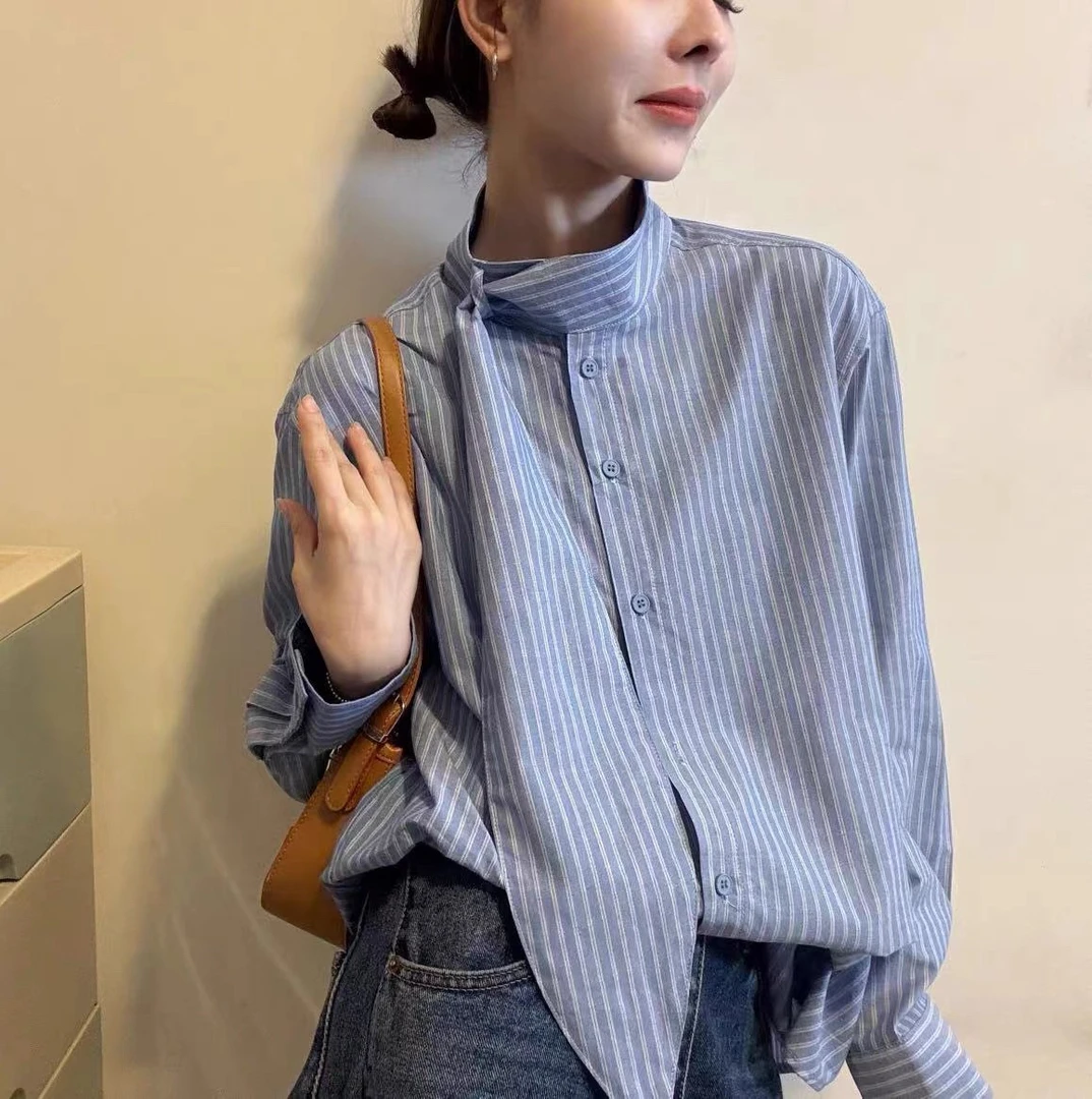 条纹设计挂带立领长袖衬衫女早春新款百搭宽松洋气百搭韩版上衣潮