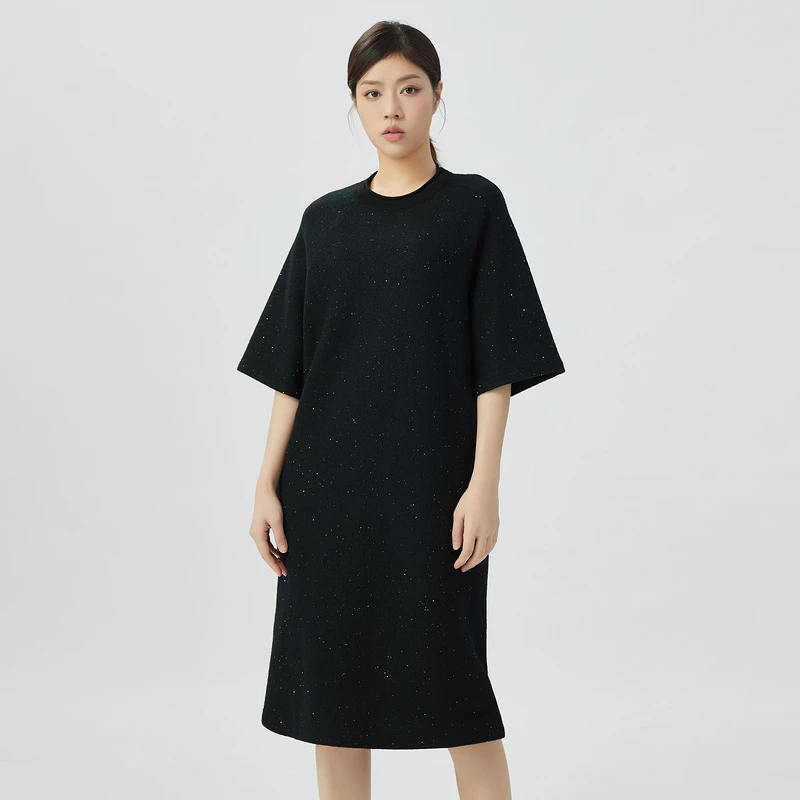 阿玛施AMASS时尚新款绵羊毛高质感圆领短袖纯色连衣中裙女5500520