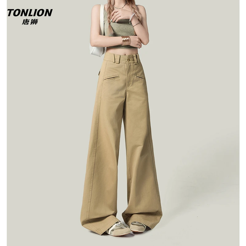 唐狮设计感卡其色高腰美式阔腿牛仔裤女秋季复古宽松梨形直筒裤